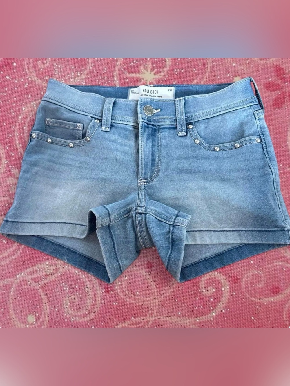 hollister light wash denim low-rise studded jean shorts